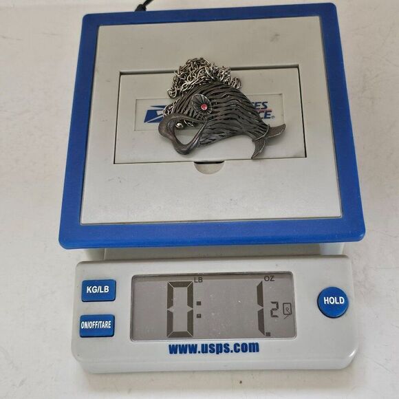 Vtg JJ Jonette Large Pewter Fish Pendant Necklace Open Mouth Red Rhinestone Eye - Picture 13 of 15